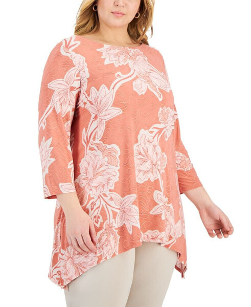 Plus Size Floral-Print Jacquard Swing Top, Created for Macy's