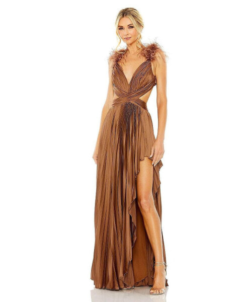 Women's Ieena Pleated Feather Cap Sleeve Open Back Gown