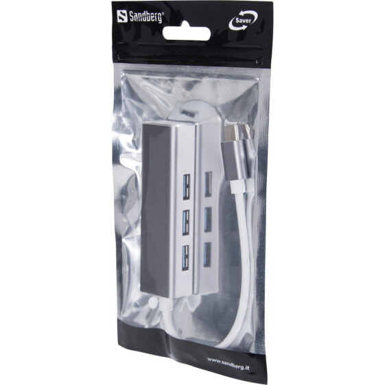 USB-концентратор USB-C к 4 x USB 3.0 Sandberg SAVER - USB 2.0 Type-C - USB 3.2 Gen 1 (3.1 Gen 1) Type-A - Серебристый - Алюминий - 1 шт. - 120 мм