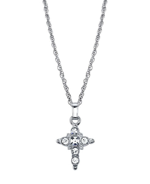 Silver Tone Crystal Cross Pendant Necklace 16" Adjustable