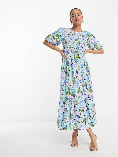 Nobody's Child Kelsie puff sleeve shirred midi dress in blue floral