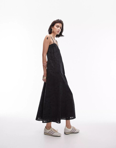 Topshop broderie strappy chuck on midi dress in black