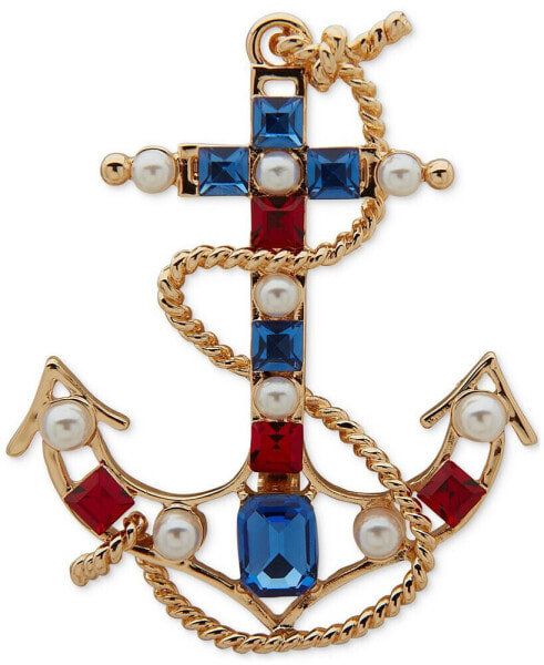 Gold-Tone Red White Blue Imitation Pearl Anchor Pin