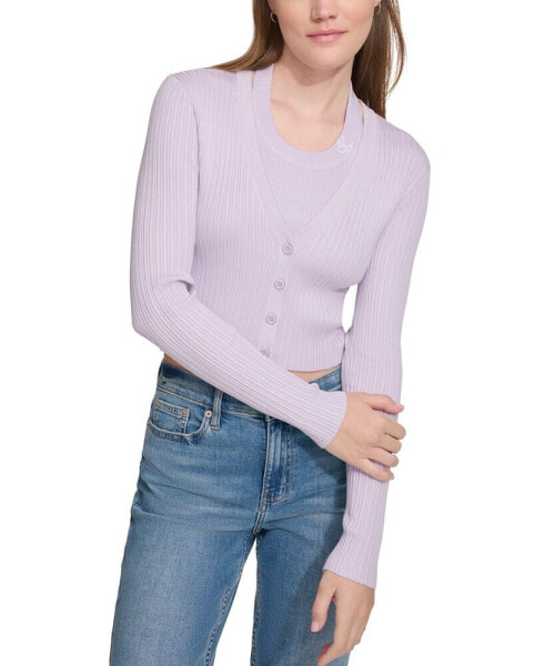 Women's Ribbed Button-Down Cropped Cardigan Sweater
