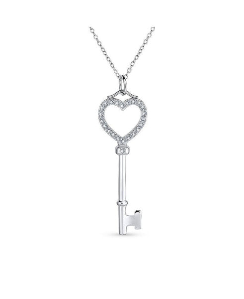 Pave Cubic Zirconia CZ Open Heart Key Pendant Necklace For Women For Girlfriend .925 Sterling Silver