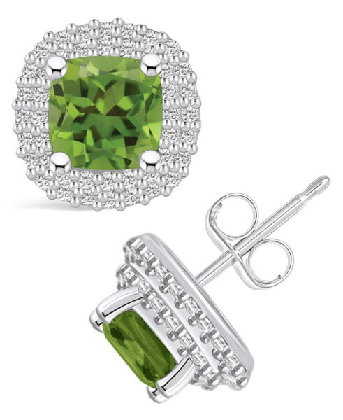 Peridot (2-1/5 ct. t.w.) and Diamond (3/8 ct. t.w.) Halo Stud Earrings in 14K White Gold