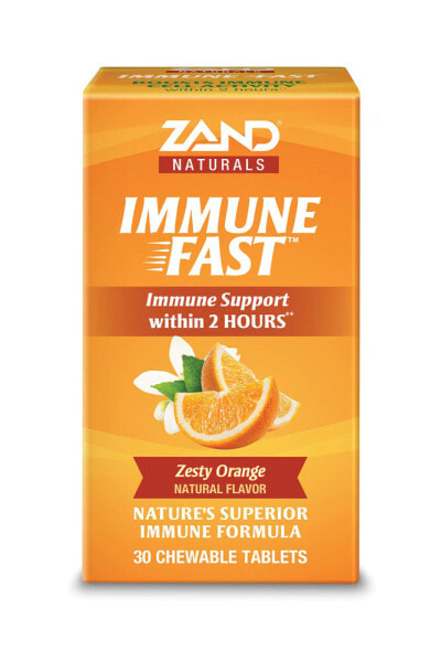 Zand Immune Fast Zesty Orange Комбинация ферментированных дрожжей, с витамином С, цинком и эхинацеей для укрепления иммунитета 30 жевательных таблеток с апельсиновым вкусом