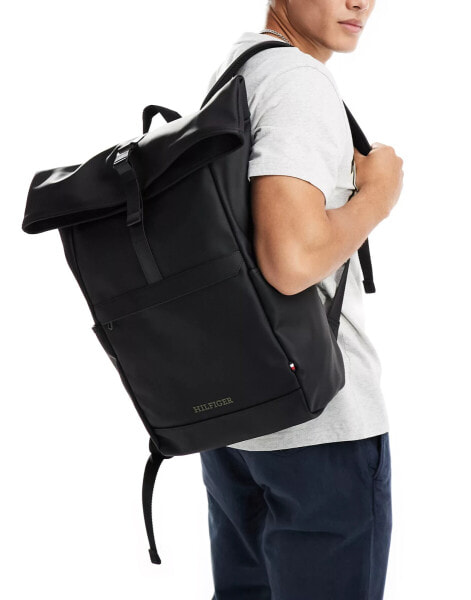 Tommy Hilfiger type logo roll top backpack in black