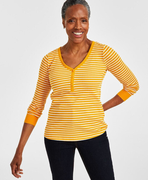 Women's Striped Textured Henley Top, Created for Macy's
