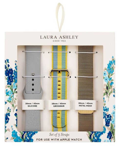 Women's Gold-Tone Mesh, Yellow Grosgrain and Gray Silicone Strap Set Compatible with Apple Watch 38mm, 40mm, 41mm