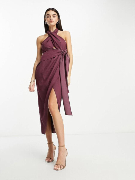 ASOS DESIGN washed halter cut out midi dress with tie waist in dusty purple