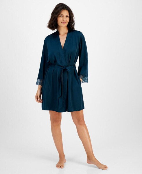 Women's Lace-Trim Stretch Satin Wrap Robe, Created for Macy's