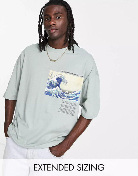 ASOS DESIGN oversized t-shirt with Great Wave of Kanagawa prints in green