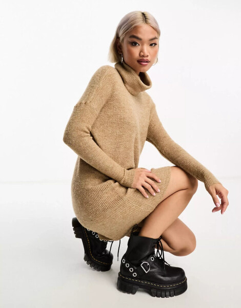 ONLY roll neck knitted mini jumper dress in beige