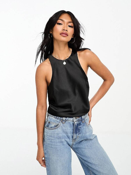 ASOS DESIGN satin racer back top in black