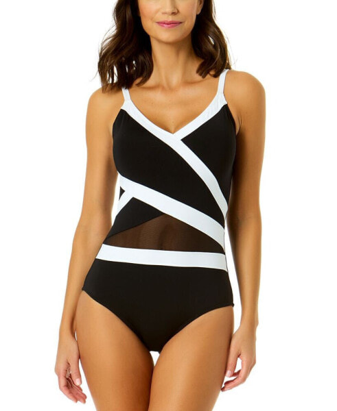 Women's Mesh-Insert Section One-Piece Swimsuit