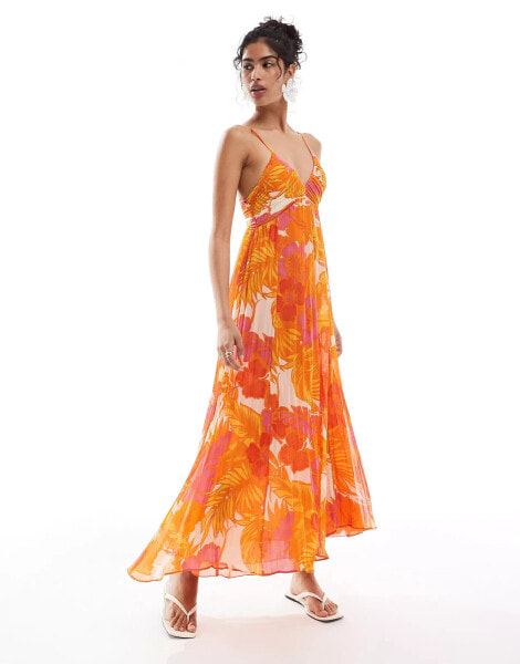 Mango pleated floral print dress in pink and orange