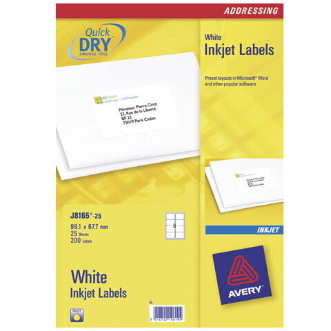 Avery Zweckform Avery J8165-25 - White - Inkjet - 99.1 x 67.7 mm - A4 - 200 pc(s) - 25 sheets