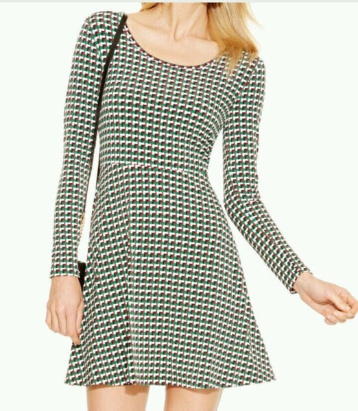 Michael Kors Women's Printed Fit Flare Dress Long Sleeve Palmetto Green L