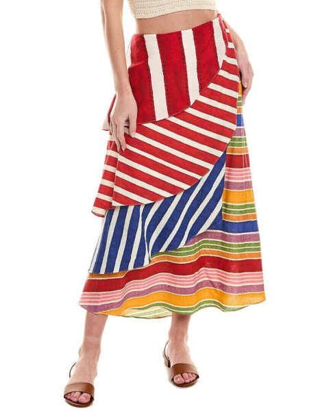 Farm Rio Amazing Stripes Frilled Linen-Blend Midi Skirt Women's