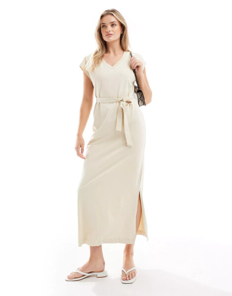 Selected Femme v neck maxi jersey dress in beige