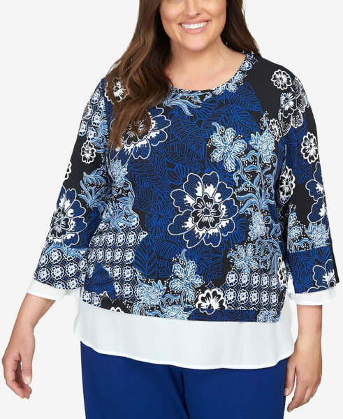 Plus Size Downtown Vibe Floral Flutter Sleeve Top with Woven Trim