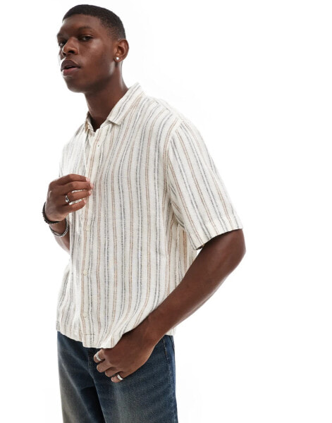 Abercrombie & Fitch striped linen short sleeve shirt in cream