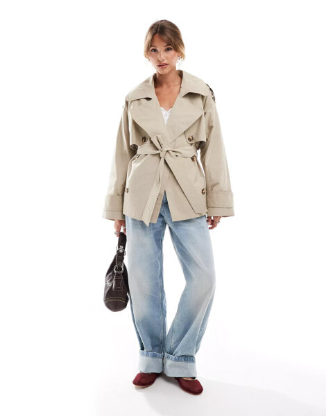 ASOS DESIGN oversized short trench coat with belt in stone