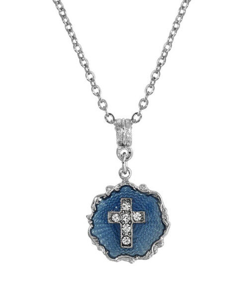 Кулон Symbols of Faith Серебристый с синим эмалевым кристальным крестом