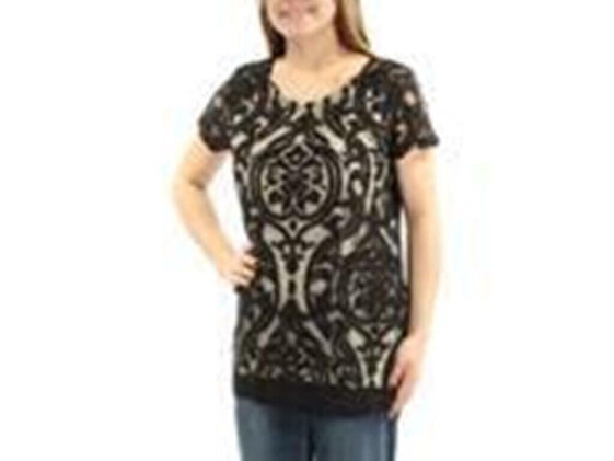 INC Embroidered Illusion Short Sleeve Top Black Beige M