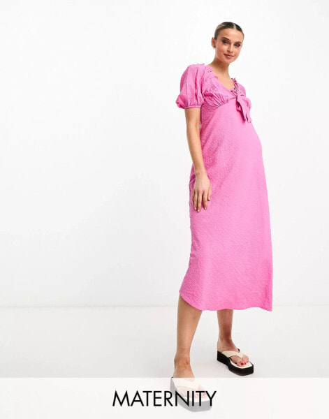 Influence Maternity tie front textured midi dress in pink