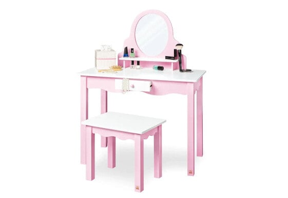 Детский гримо-столик Pinolino Jasmin, с зеркалом, 1 ящиком, 1 полкой, 1 столиком, в комплекте с табуретом, розовый и белый.