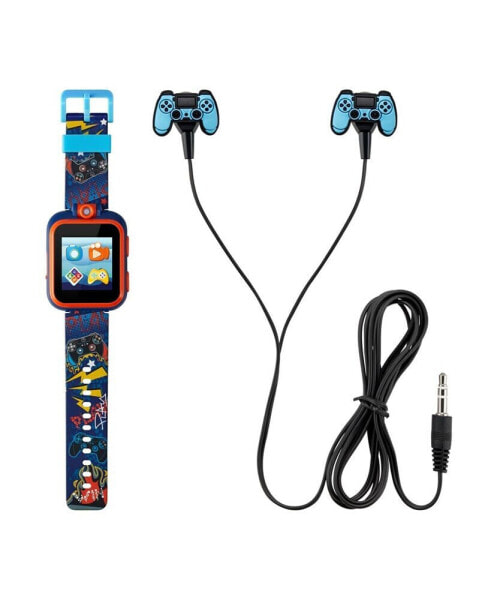 Kid's Dark Blue Orange Game station Silicone Strap Touchscreen Smart Watch 42mm with Earbuds Gift Set