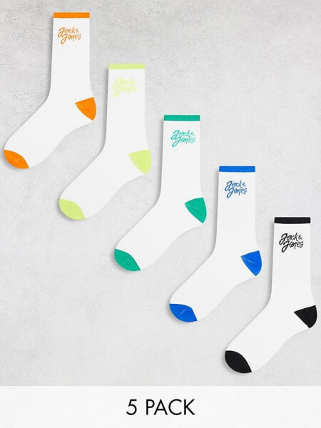 Jack & Jones 5 pack tennis socks with contrast logo in multi 