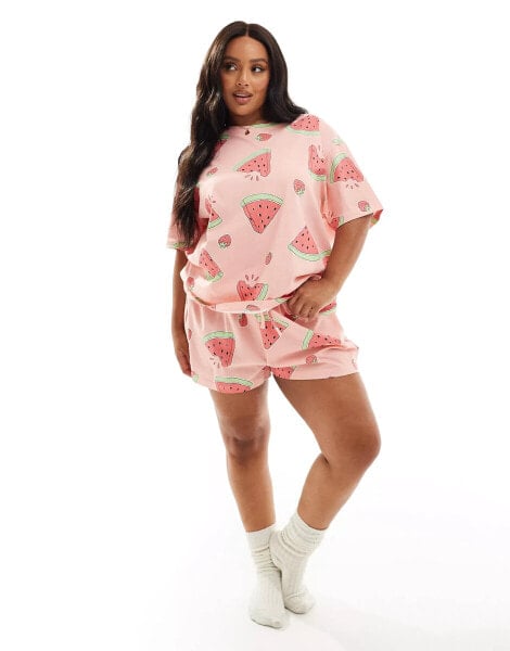 ASOS DESIGN Curve watermelon oversized tee & short pyjama set in pink