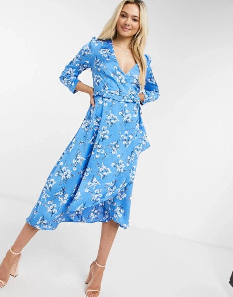 Liquorish midi dress with long sleeves in blue floral print