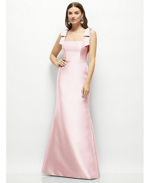 Women's Satin Fit and Flare Maxi Dress with Shoulder Bows