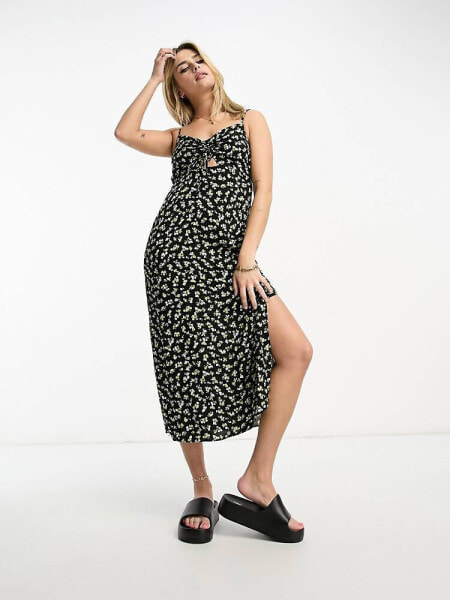 New Look ruched front strappy midi slip dress in black ditsy floral