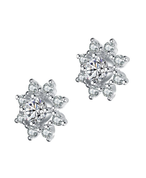 Sterling Silver with White Gold Plated Clear Round Cubic Zirconia Halo Stud Earrings