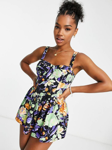 ASOS DESIGN twill corset flippy playsuit in floral print