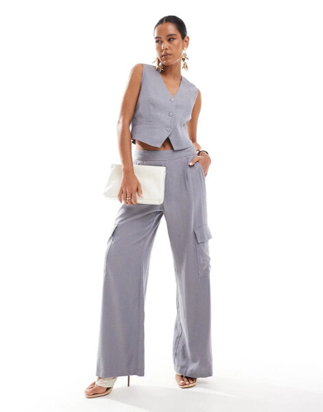 JDY wide leg tailored linen cargo trouser co-ord in grey