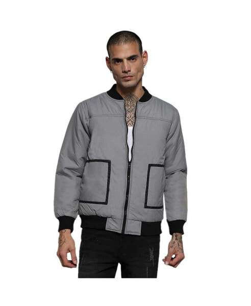 Men's Light Grey Zip-Front Puffer Jacket With Contrast Detail