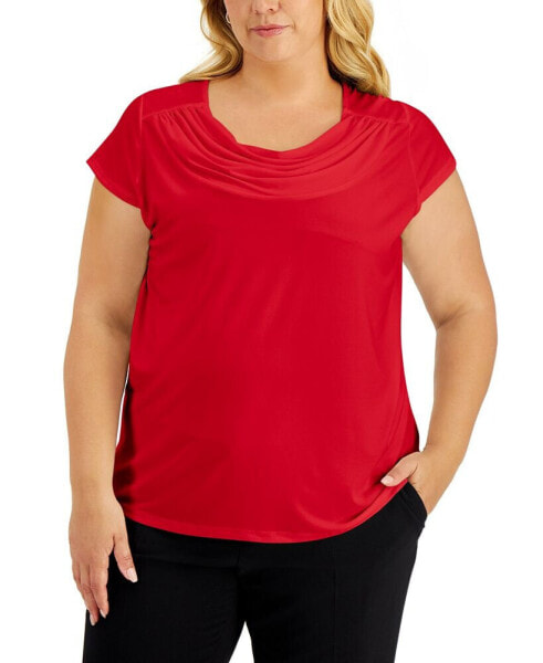 Plus Size Stretch Knit Short-Sleeve Cowl-Neck Top