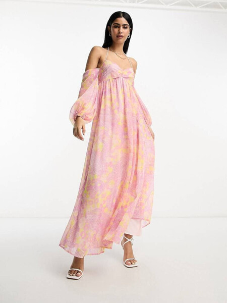 ASOS DESIGN babydoll bardot swing maxi dress in pink paisley print 