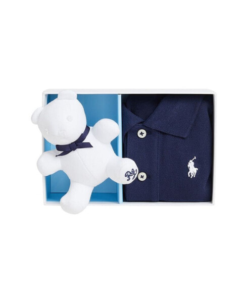 Baby Boys or Girls Cotton Mesh Polo Shirt and Bear Gift Box Set