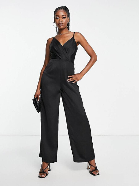 Little Mistress wide leg strappy jumpsuit in black satin