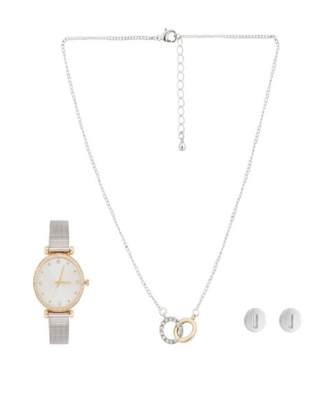 Women's Analog Shiny Silver-Tone Mesh Bracelet Watch 33mm with Necklace Earring Set