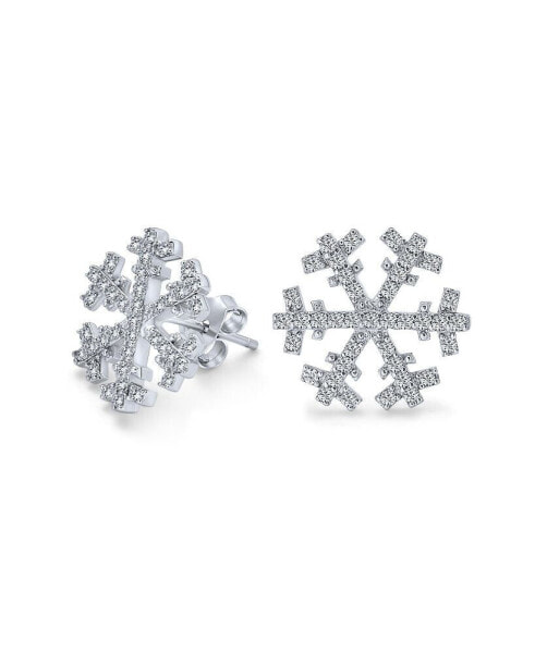 Holiday Party Christmas Frozen Winter Snowflake Cubic Zirconia Micro Pave CZ Stud Earrings For Women .925 Sterling Silver