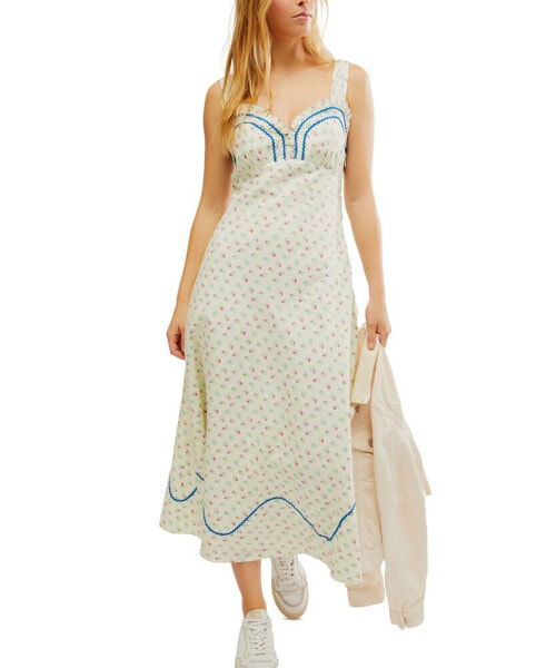 Women's Sweet Hearts Floral Print Sleeveless Cotton Midi Dress