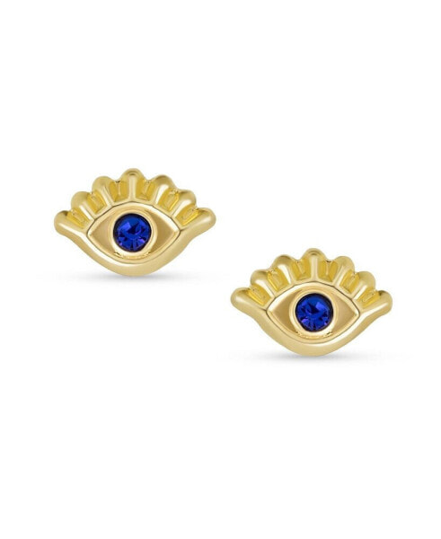 Unisex Genuine Tiny Yellow 10K Gold Spiritual Blue CZ Eyelash Protection Amulet Evil Eye Stud Earrings Ear Lobe Cartilage For Women Teen